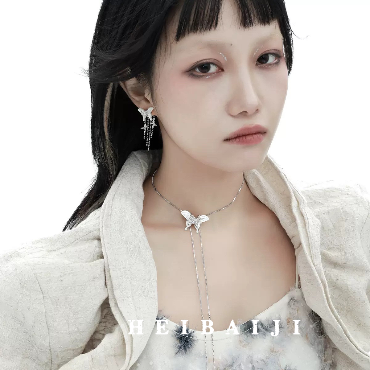 925银耳饰 蝶舞银辉 通体s925纯银白蝶分体流苏耳钉项链