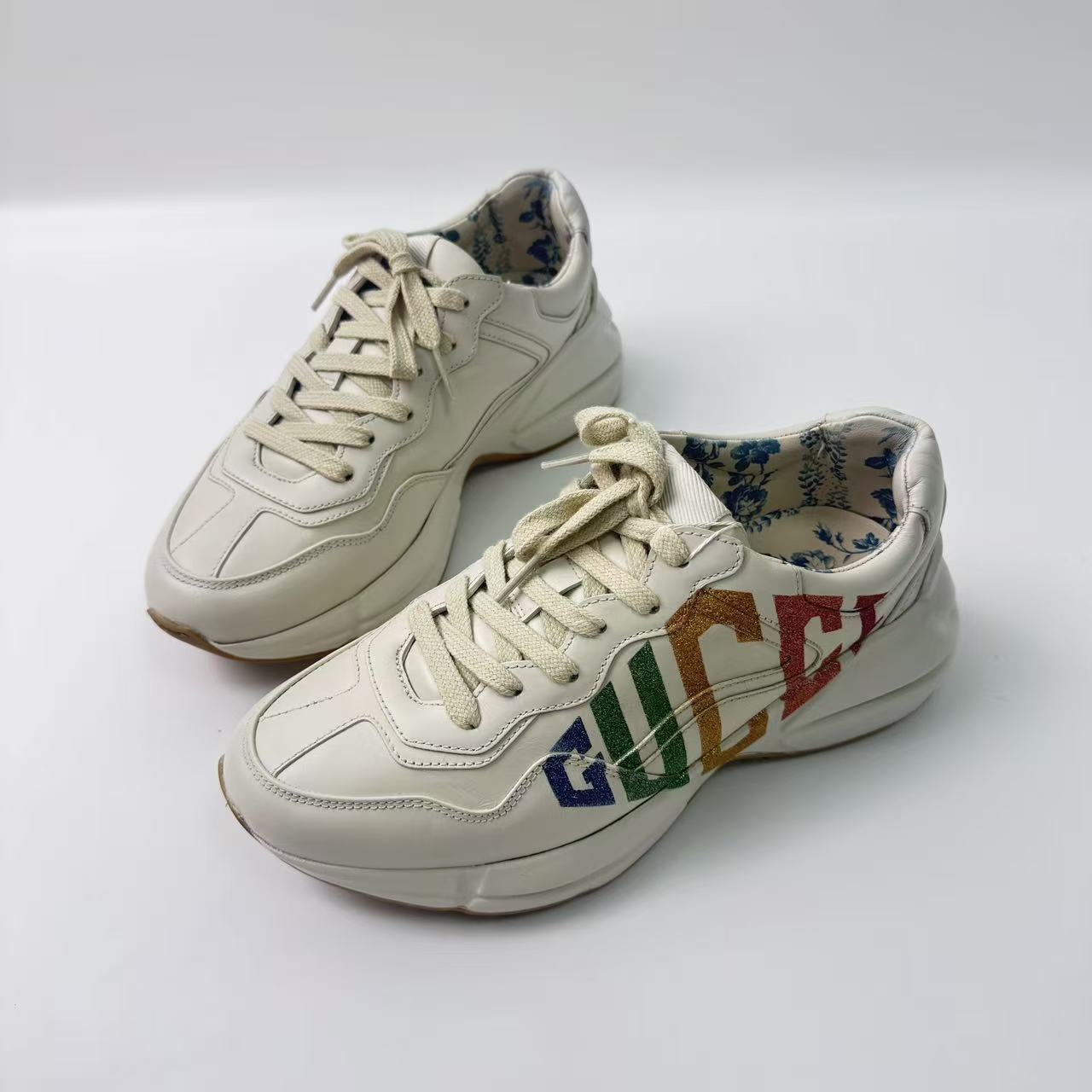 99新 GUCCI/古驰 37码/仔仔女鞋/奶茶色彩虹logo老爹鞋826