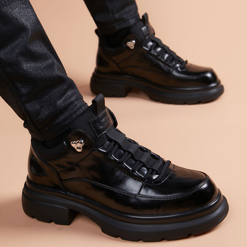 高帮休闲鞋男款2025冬季新款英伦皮鞋潮流厚底真皮男鞋爆款德比鞋
