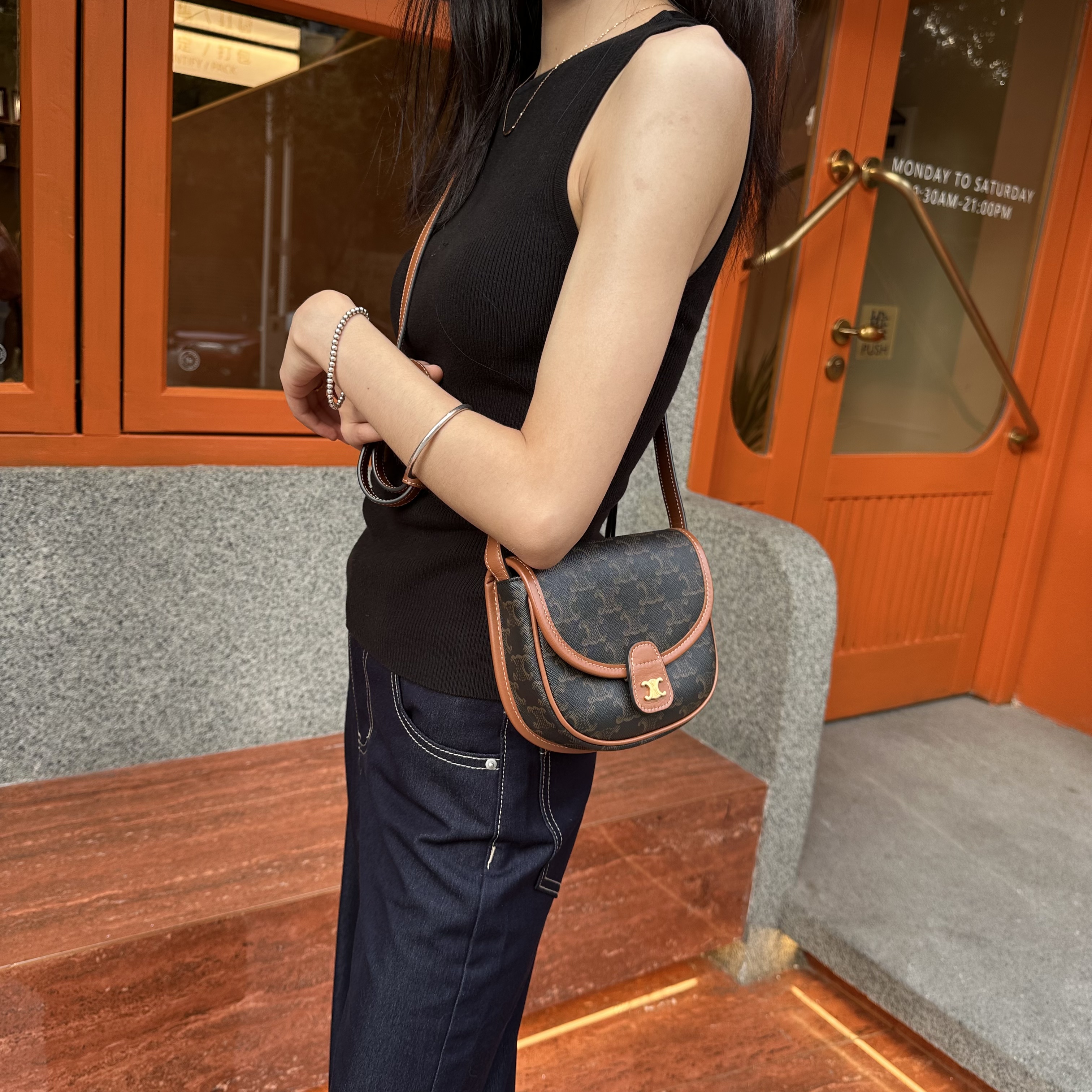 99新 Celine/思琳 老花凯旋门迷你马鞍包百搭