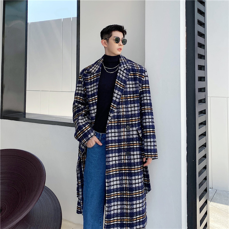 K07花色格子长款男士呢子大衣时尚潮流穿搭造型设计外套