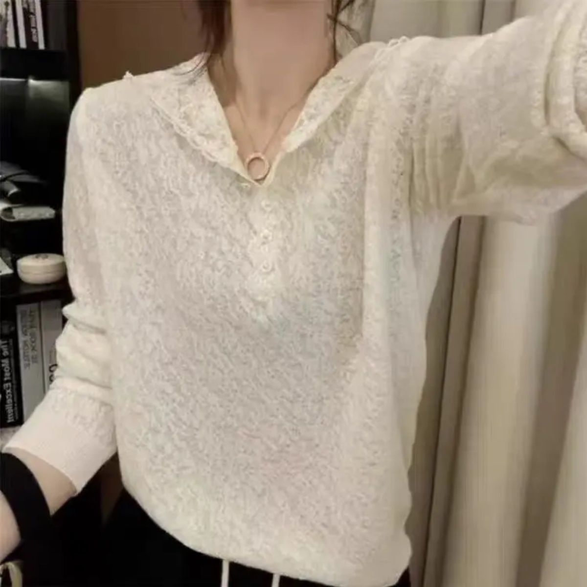 显瘦宽松毛针织衫打底衫女式春秋蕾丝毛衣外套毛衣休闲女气质