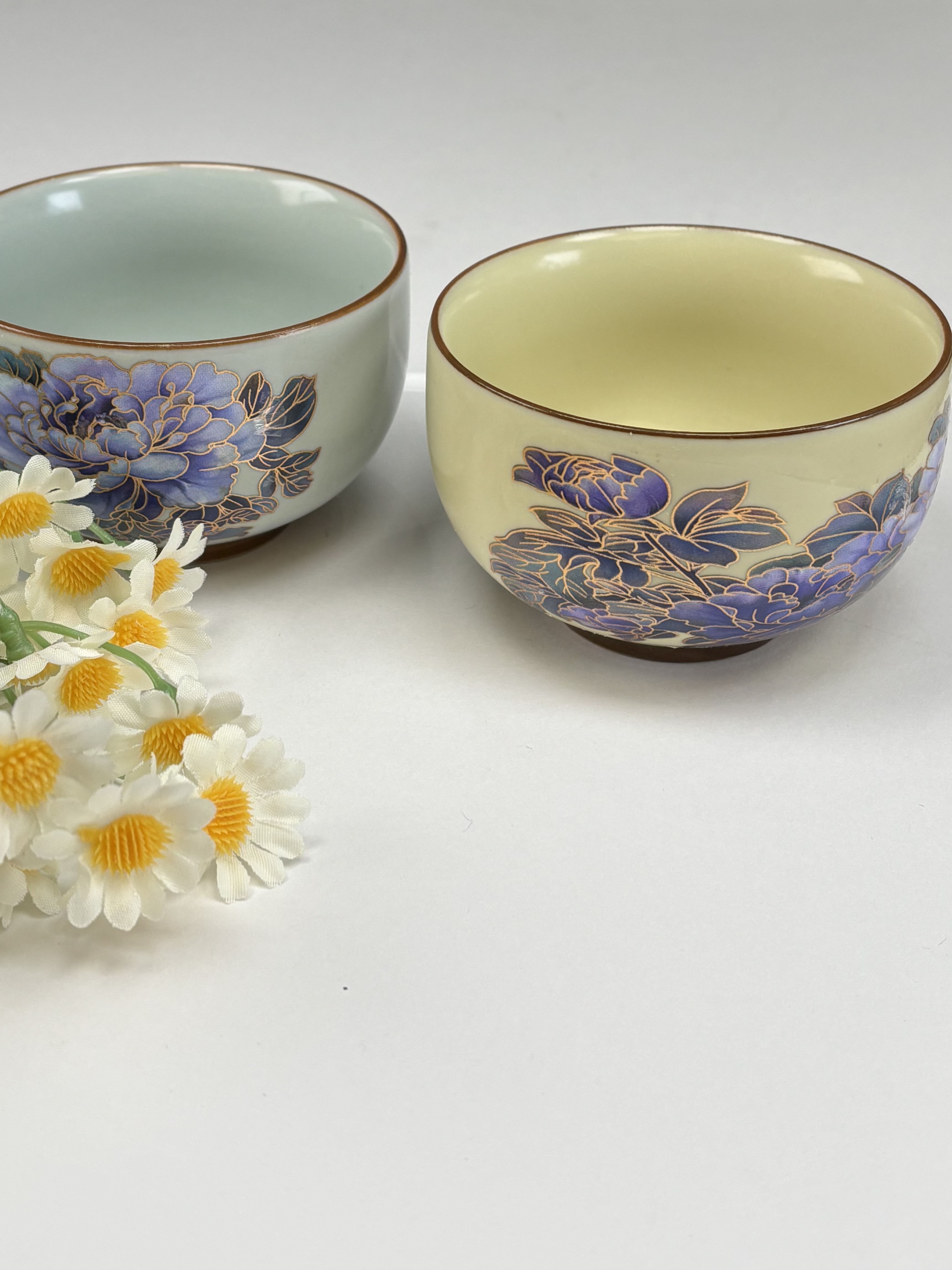 Z3180 黄汝-变色牡丹-铜钱杯+天青-变色牡丹-铜钱杯对杯