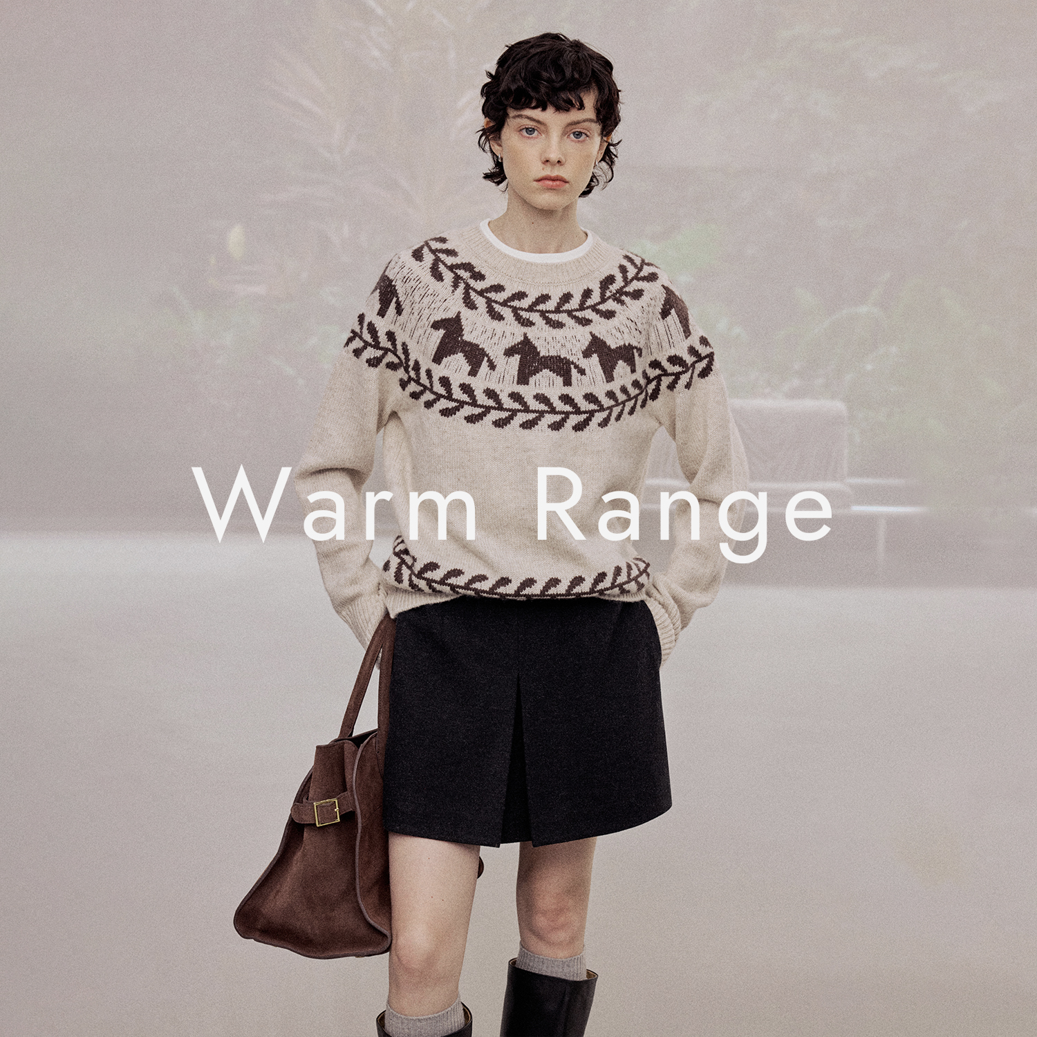 Warm Range "小马提花"圆领羊毛毛衣女秋冬宽松柔软套头毛针织衫