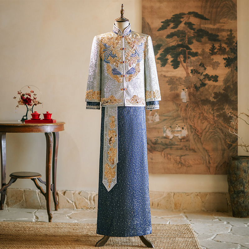 男士秀禾服2025新款重工蓝色出阁服高级质感接亲服新中式婚服秀禾