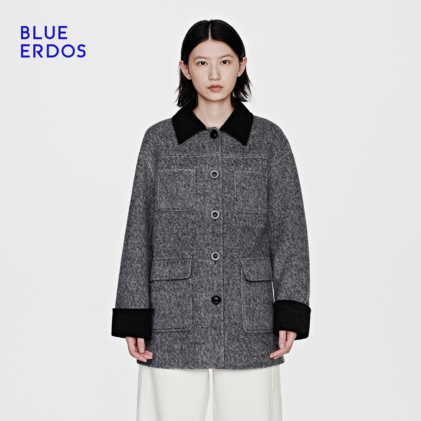 BLUE ERDOS25秋冬新复古翻领撞色中长款毛呢女大衣外套B256K6704