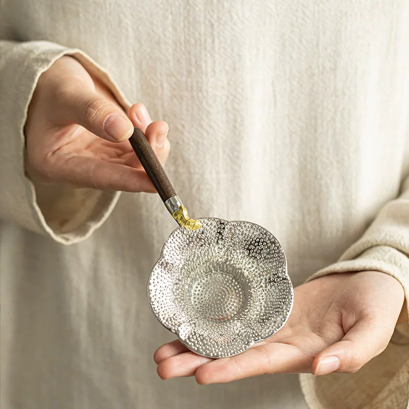 合金莲年有鱼梅花茶漏茶滤网实木把手手工锻打茶具配件