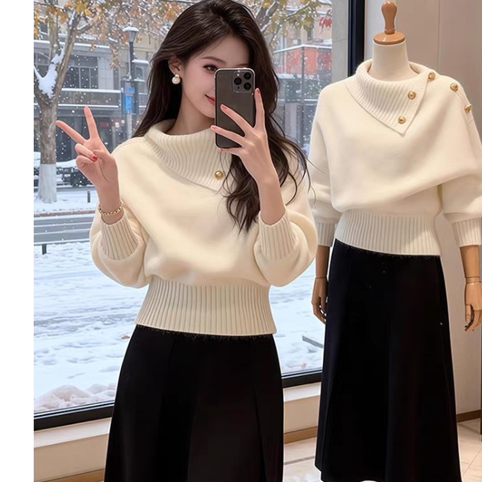 时尚轻熟风翻领泡泡袖毛衣女装2025秋冬新款洋气氛围感针织衫上衣