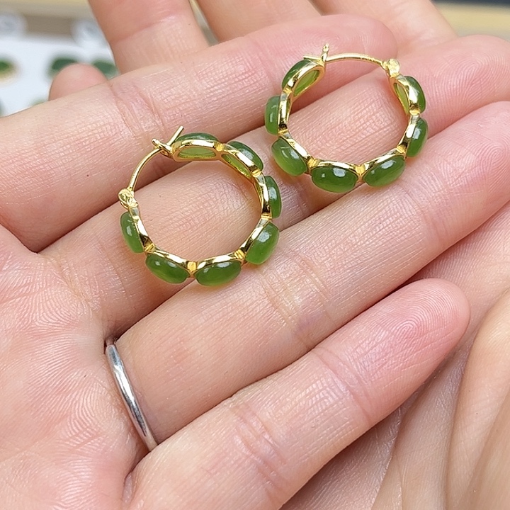 你***别和田玉银S925镶嵌耳饰