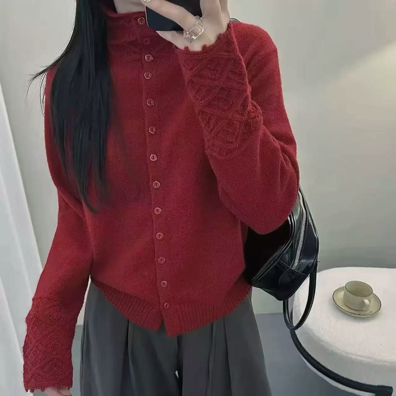 【钩花袖~红】时尚2025新款套头百搭针织套头百搭A698