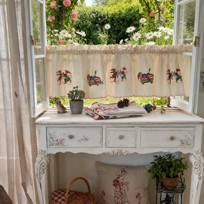 LY2610复古乡村风纯棉人物刺绣手工剪边米色厨房橱柜防尘装饰半帘