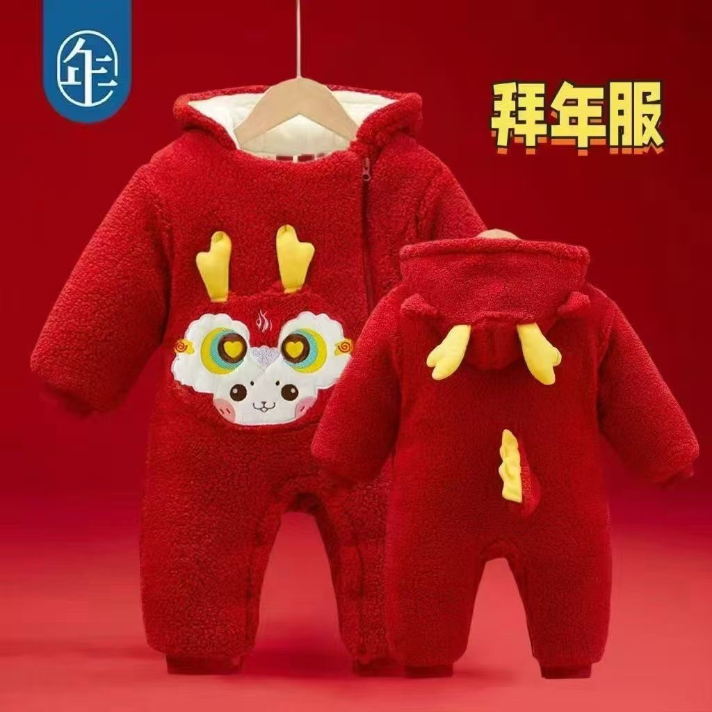 新生儿加绒加厚爬服哈衣外出居连体衣外穿女宝棉衣白天拜年周岁服