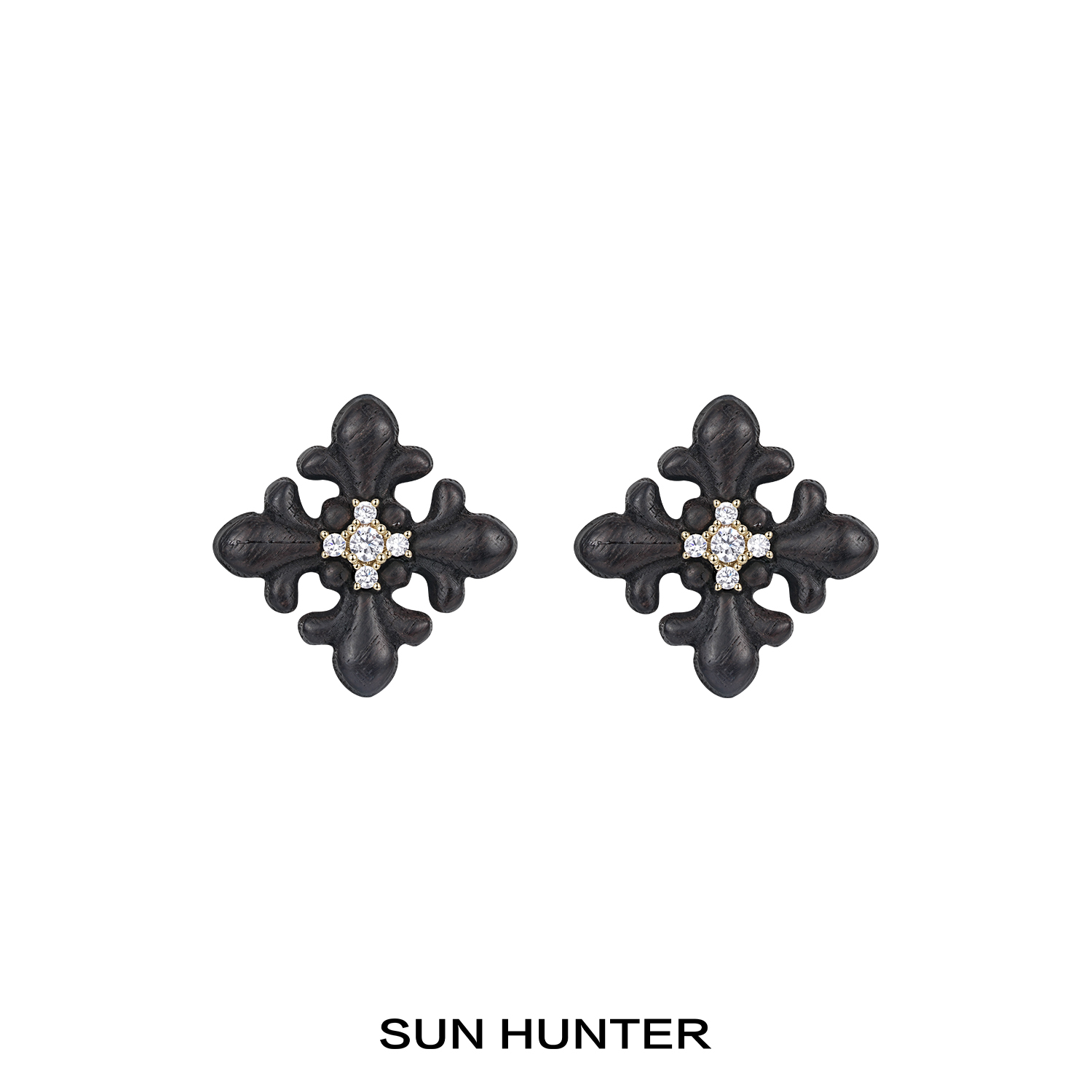 铜合金木质耳饰 三横SUN HUNTER原创木质方形鸢尾花耳钉法式复古