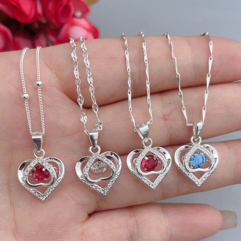 链子足银合成锆石 足银一心爱你吊坠项链.镶嵌合成立方氧化锆