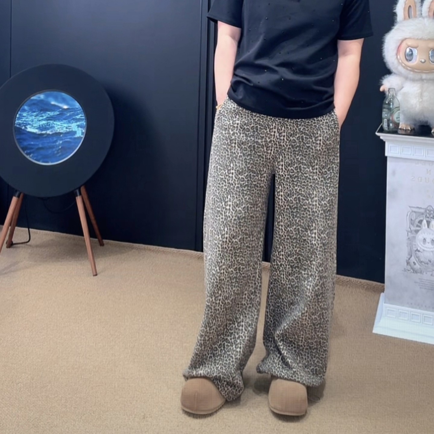 「涵涵家」复古豹纹宽松阔腿直筒休闲裤女秋冬季韩版小个子显瘦裤子