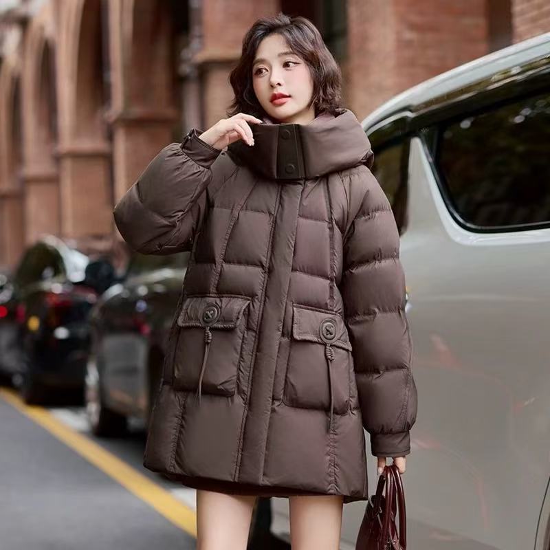 Y602 秋冬气质加厚保暖连帽休闲羽绒防风显瘦百搭中长款外套