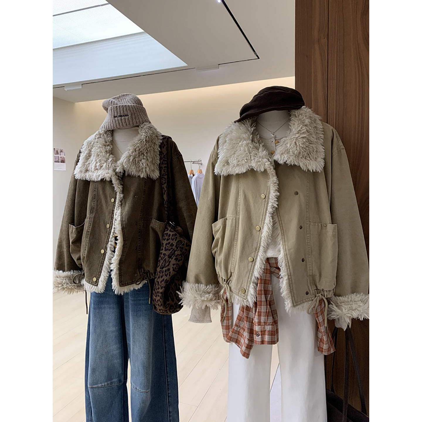 重磅工装巴恩风仿羊羔卷毛翻领派克服别致下摆抽绳加绒保暖短外套