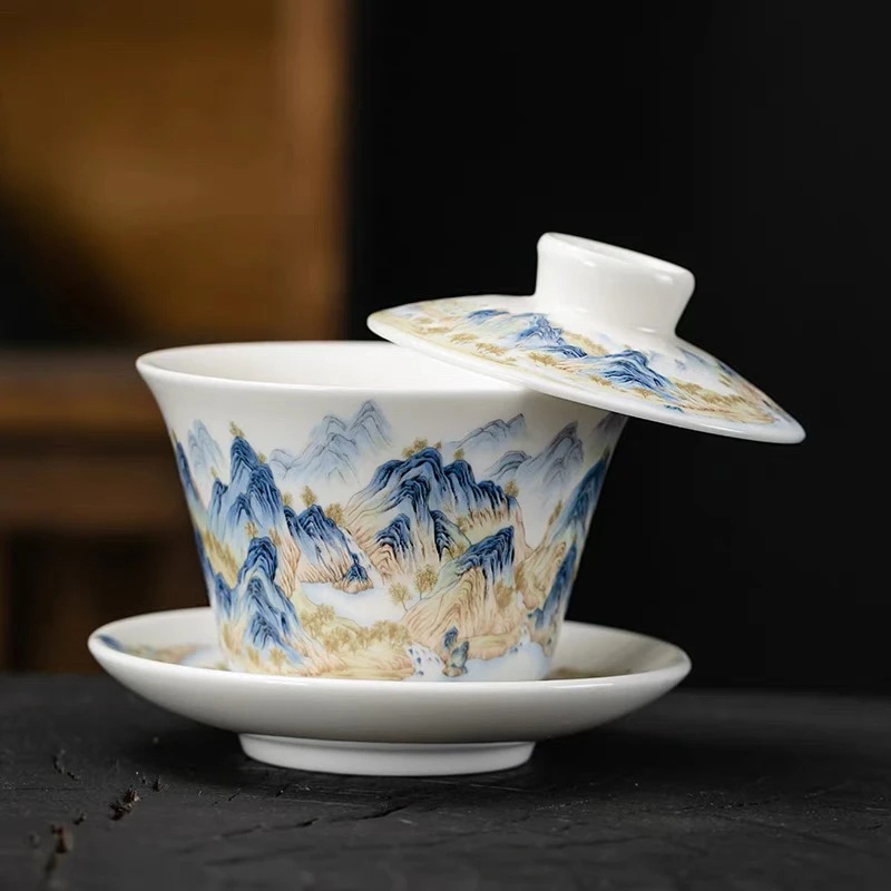 w1691高端白瓷千里江山悬停三才盖碗