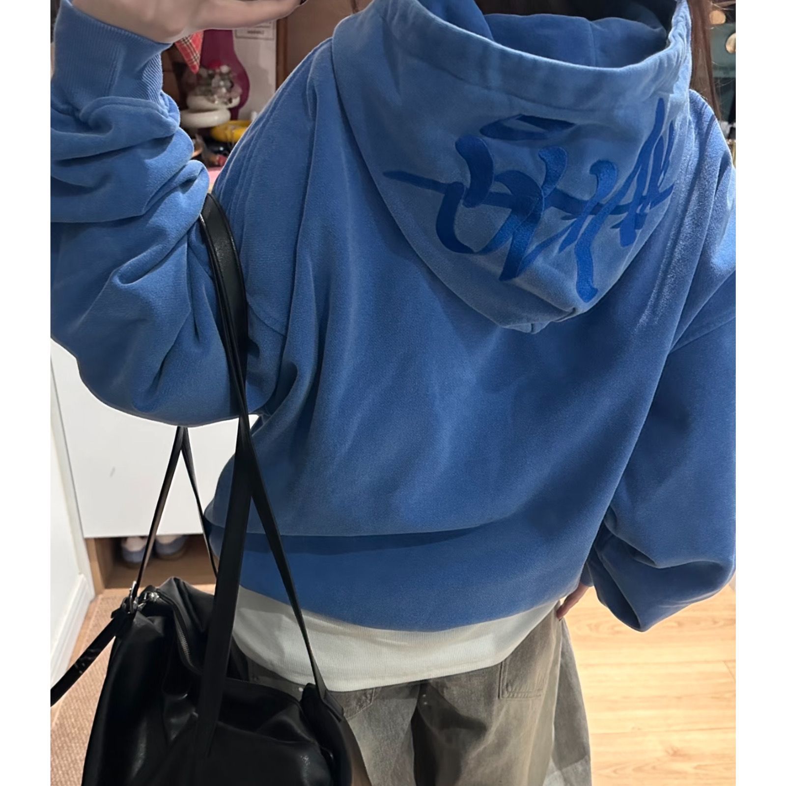 蓝色水洗做旧连帽加绒加厚刺绣卫衣女秋冬2025新款宽松慵懒风外套