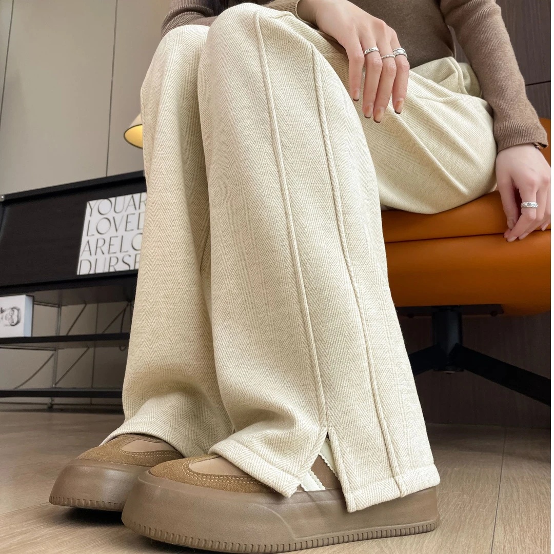 大码胖mm人字纹毛呢开叉女秋冬季加绒加厚直筒宽松长裤香蕉阔腿裤