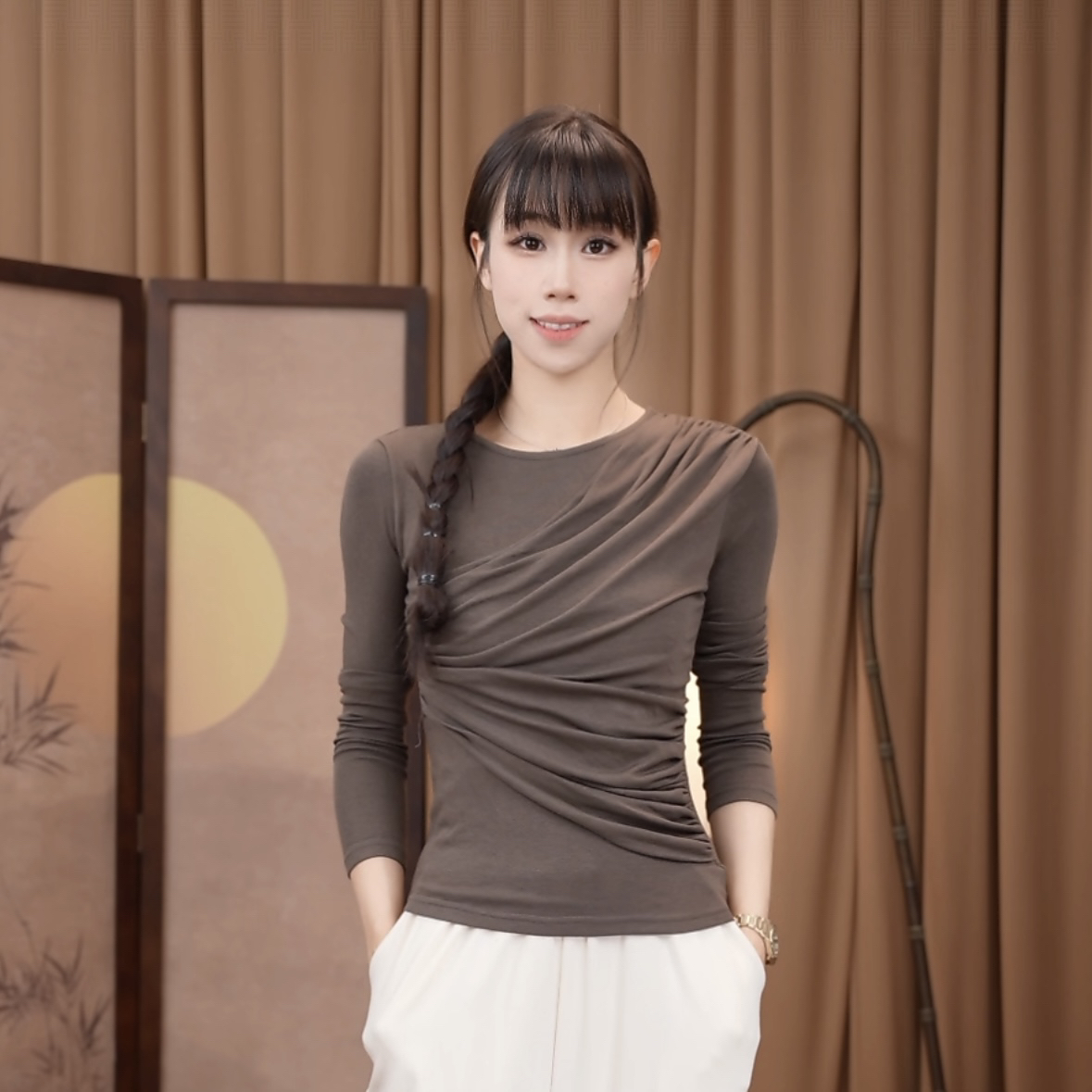 073-雲之意现代舞褶皱收腰长袖2025秋季新款舞蹈服瑜伽普拉提