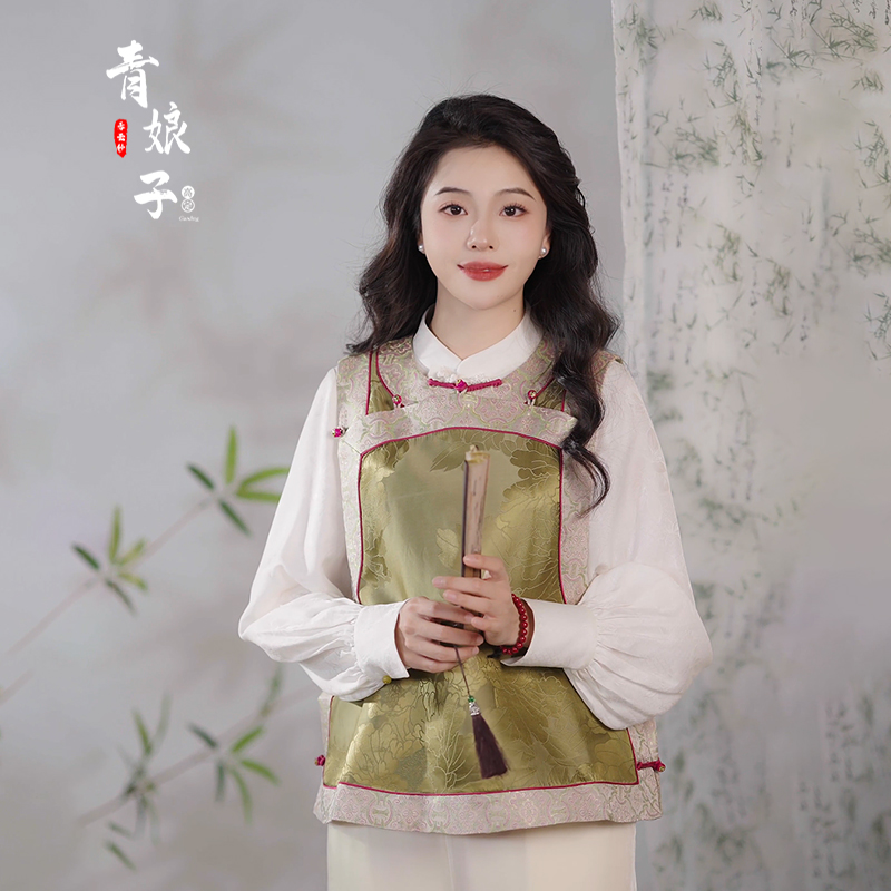 青娘子（落羽）新中式国风圆领时尚百搭日常提花复古短款马甲-60219