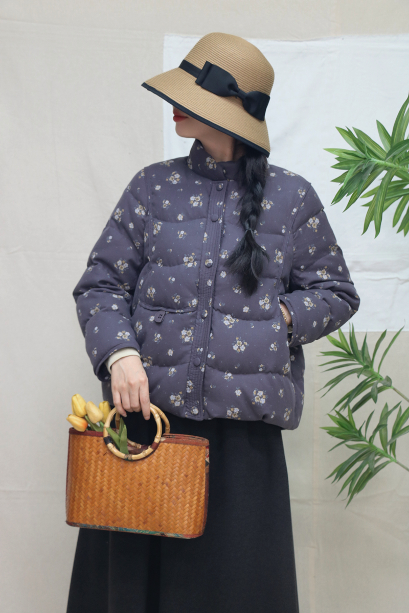 原创{绒冬浪漫}印花25冬新90白鸭绒保暖加厚女小立领羽绒服外套