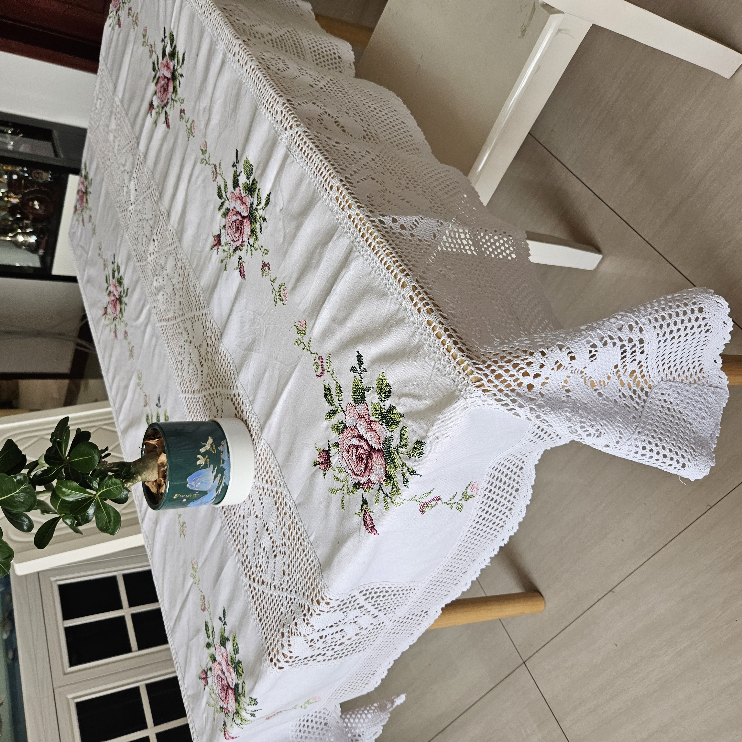 十字绣粉牡丹花桌布镂空设计自带桌旗感2413