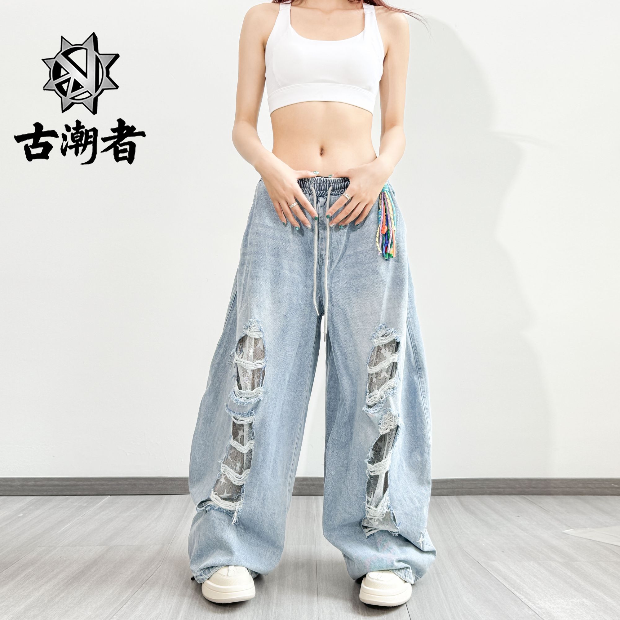 十三姨长裤ins风破洞蕾丝女夏季牛仔裤裤子水洗破洞牛仔阔腿裤