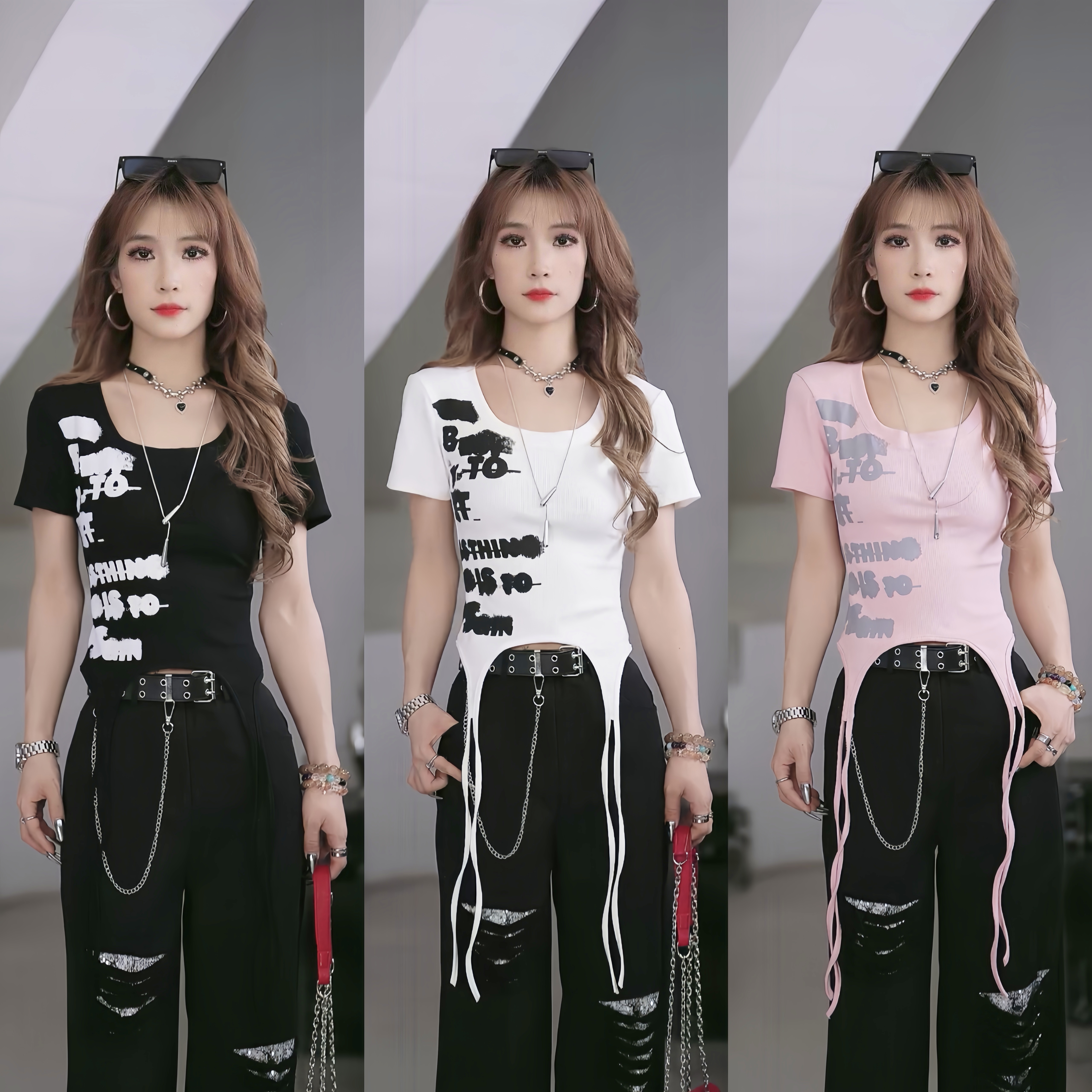 【笑姐定制】8101 小众辣妹涂鸦字母印花不规则下摆飘绳修身短袖T恤