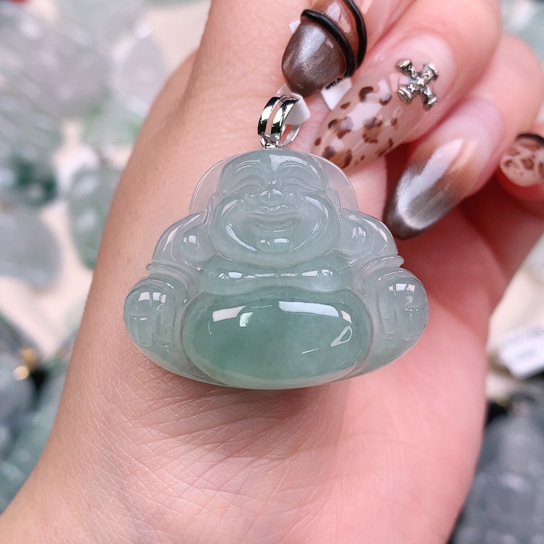 翡翠颈饰18K金镶嵌冰绿佛34，27，34，8.6