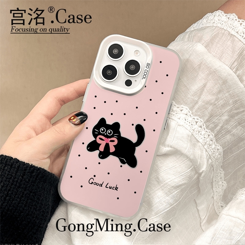 波点蝴蝶结黑猫彩银壳适用于iPhoneiPhone苹果16手机壳华为oppo小