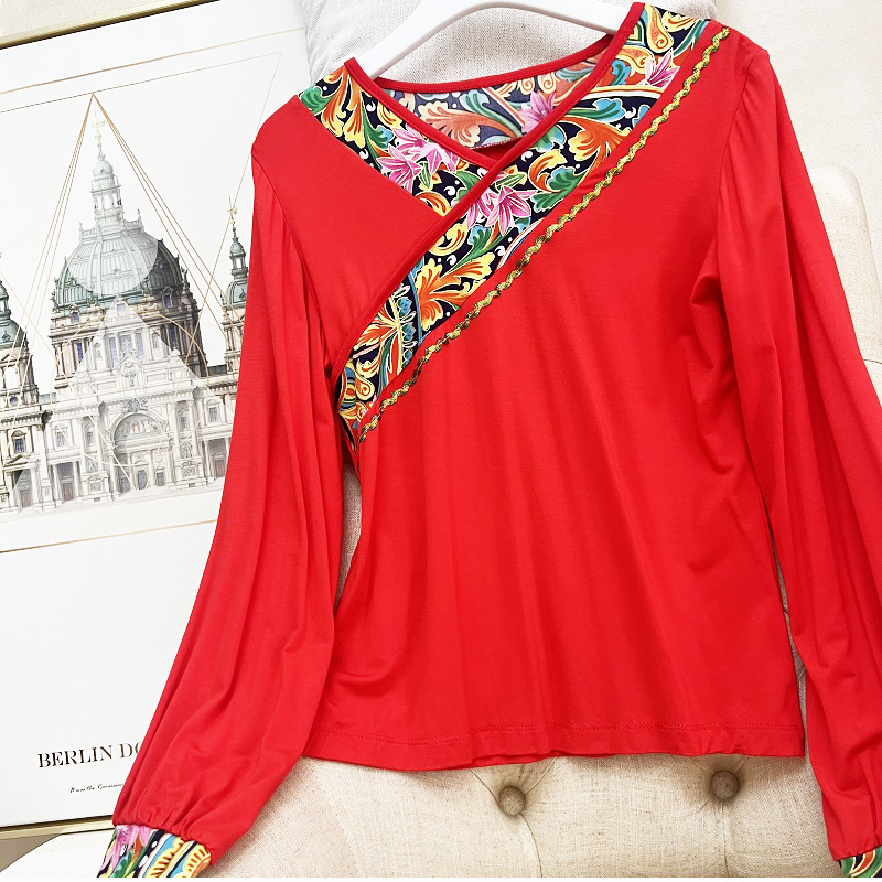 红色跳舞服中袖上衣民族舞服表演舞蹈服长袖大码中老年广场舞服