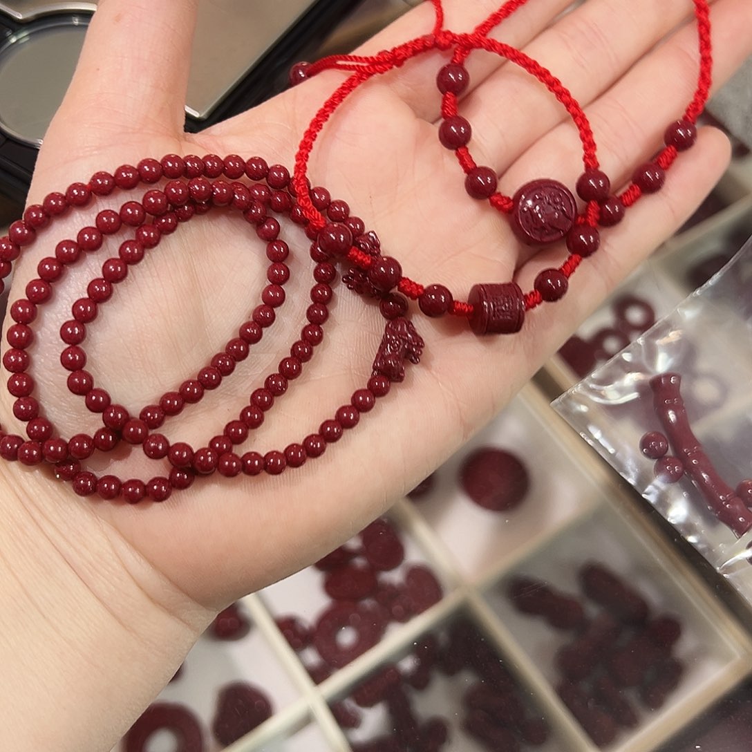 天然辰砂生肖马男孩手链12岁 三圈4毫米朱砂 福字手链 红绳