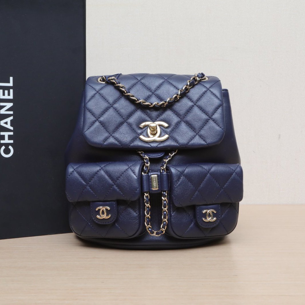 95新 Chanel/香奈儿 双攀/Duma 双肩包 蓝色 皮革C 芯片开 浅金扣