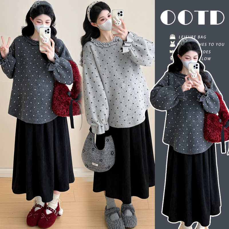 【嗒嗒】冬季法式波点宽松针织毛衣+抽绳百褶半身裙孕妈气质套装