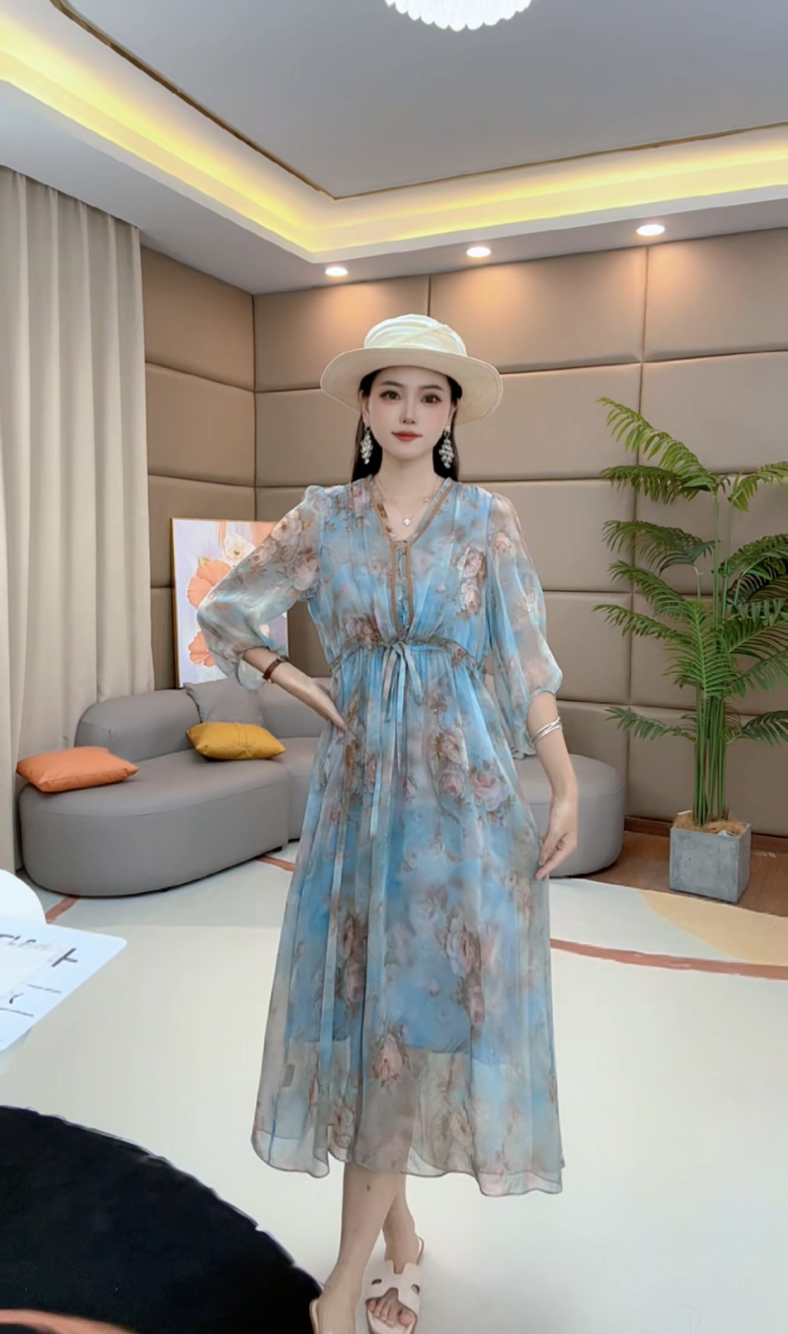 马洛克《霖霖心选》“蓝烟”减龄夏季时尚收腰气质桑蚕丝连衣裙80199