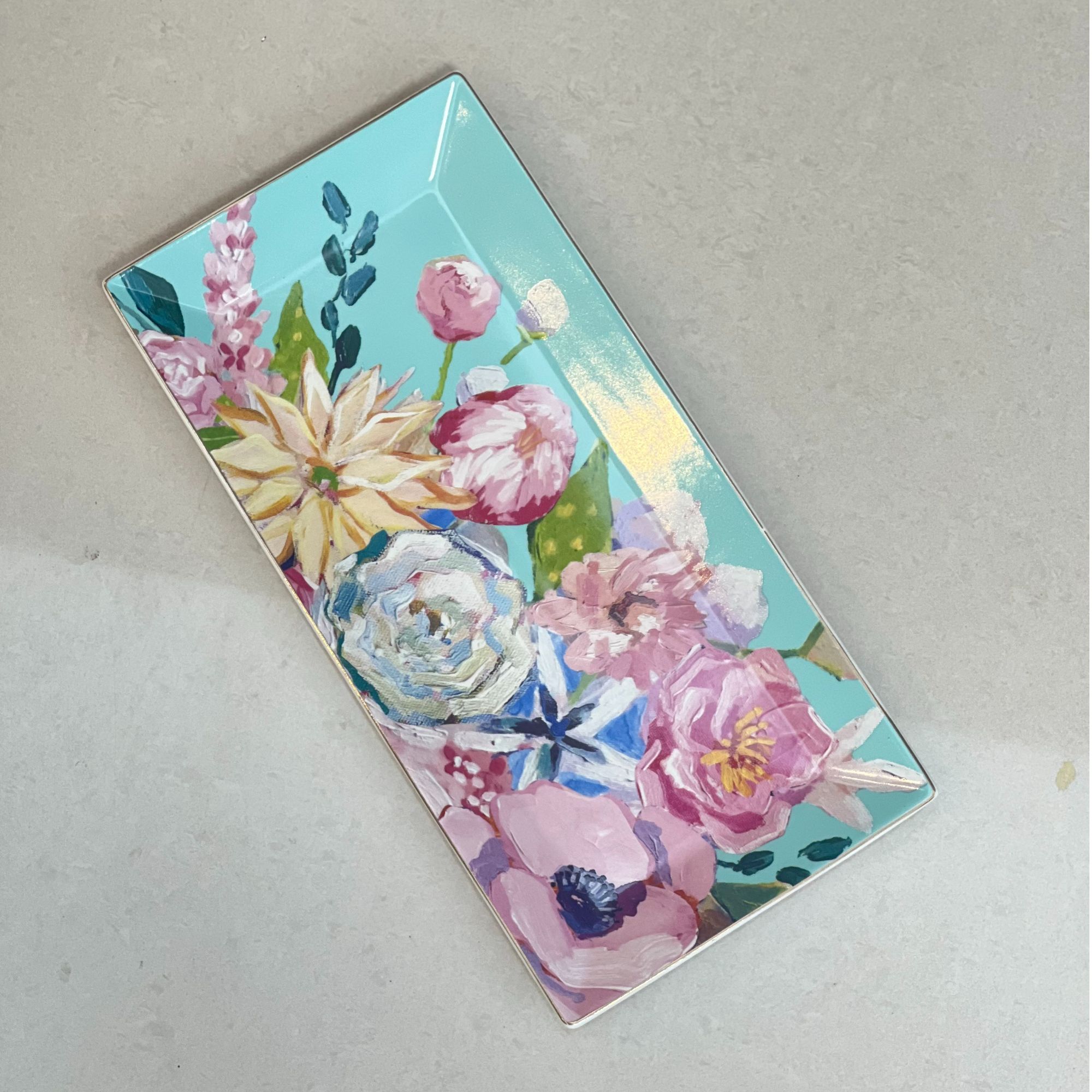 【奇居家居】轻奢新骨瓷油画春天系列蓝色长方盘糕点收纳盘#SKU299