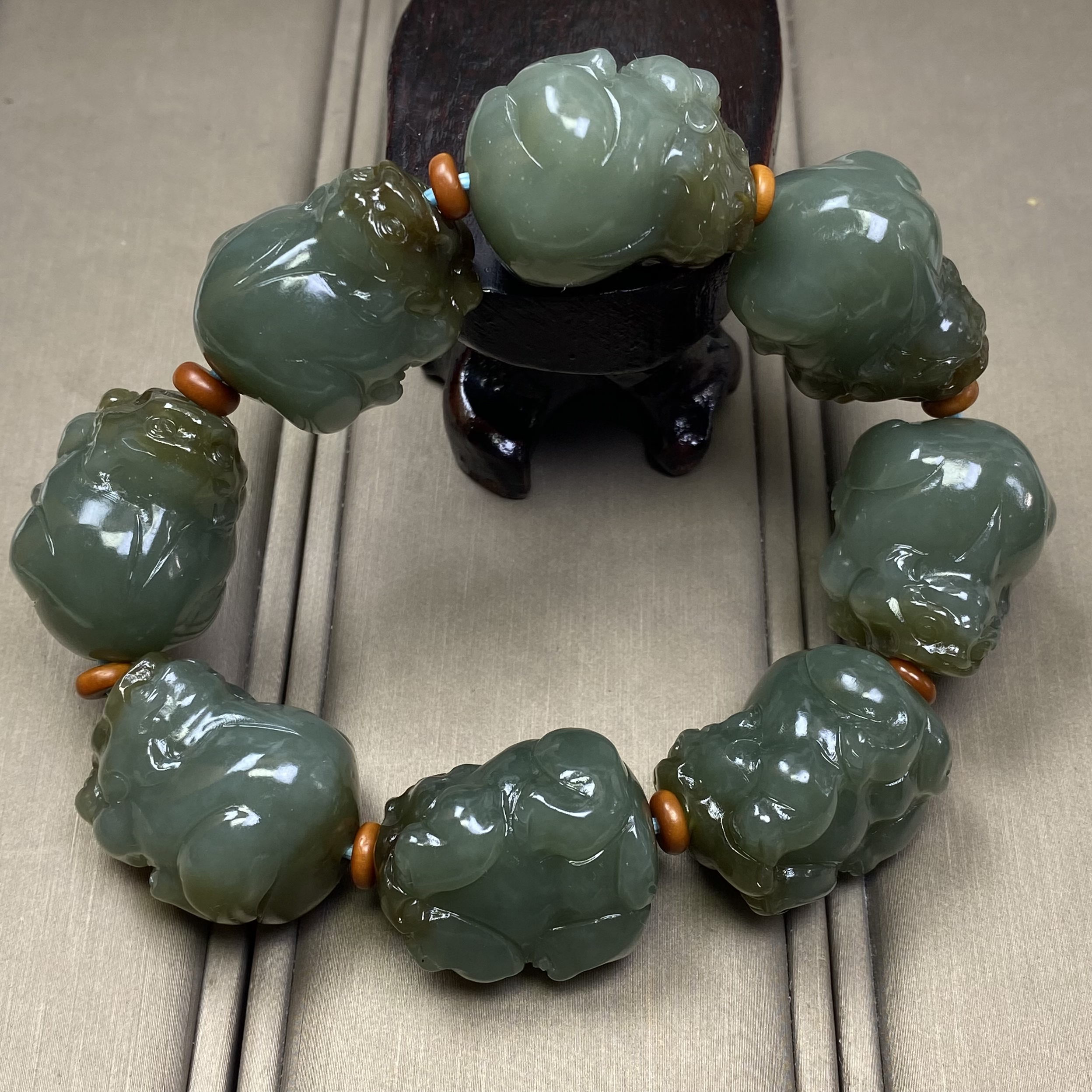 天然和田玉新疆且末蓝飘糖貔貅手串27mm油润一物一证绿色