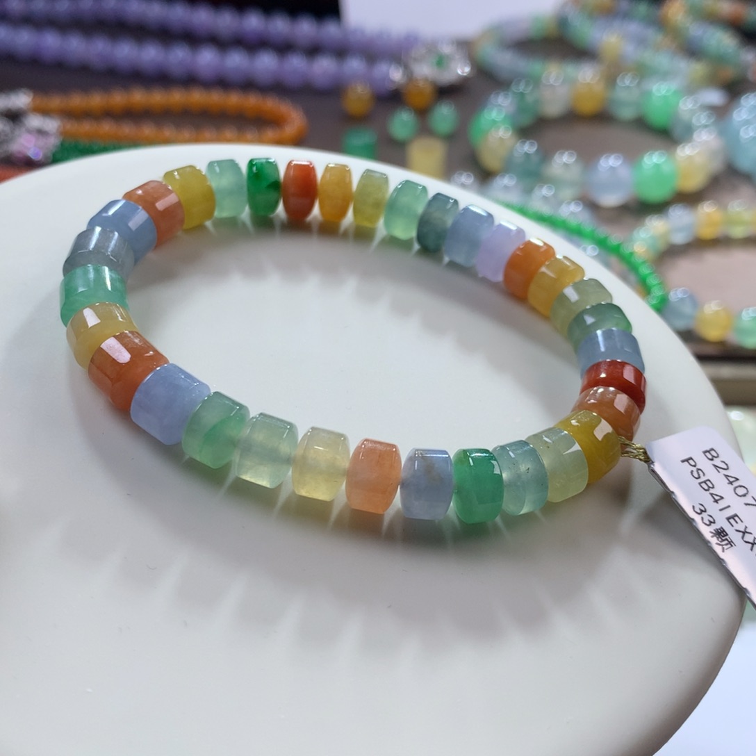 翡翠手链未镶嵌李*牙胶润彩虹桶珠卡7.5加