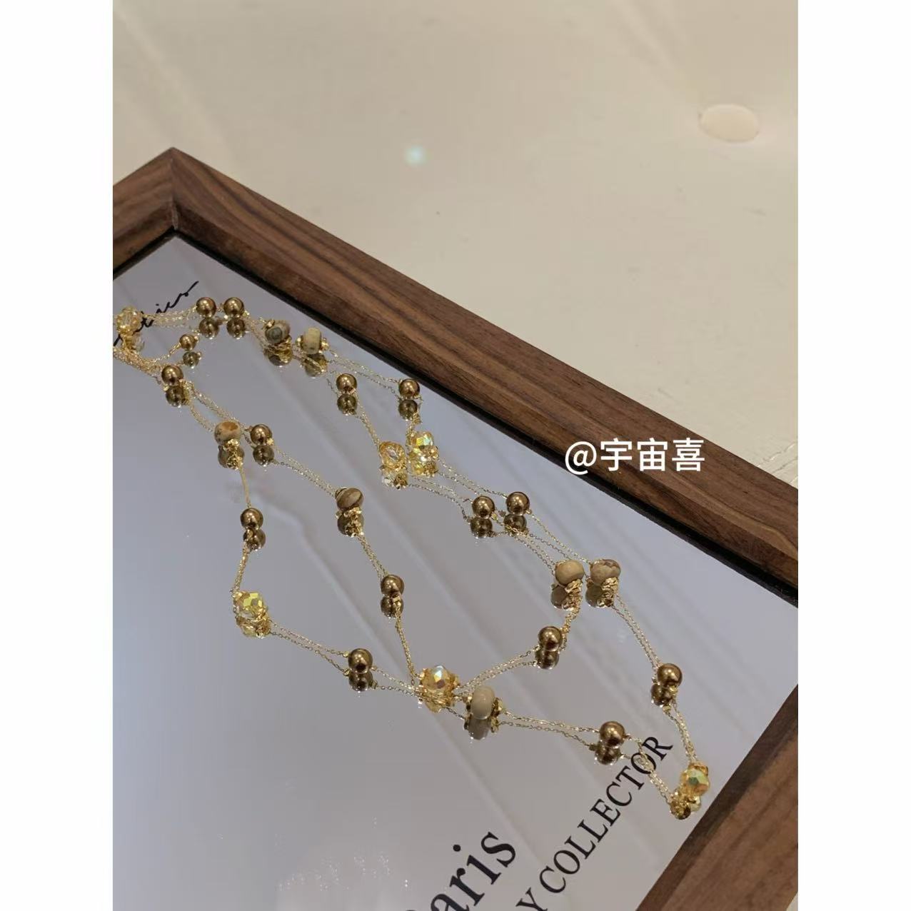 铜合金仿珍珠项链 I1-734【双层叠搭茶色切面水晶虎虎金色项链】