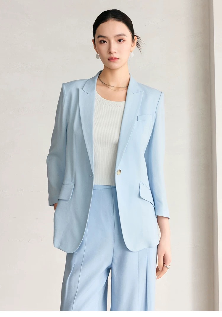 曼德S醋酸西装2025夏季新款纯色商务风一粒扣西服九分袖外套（蓝）