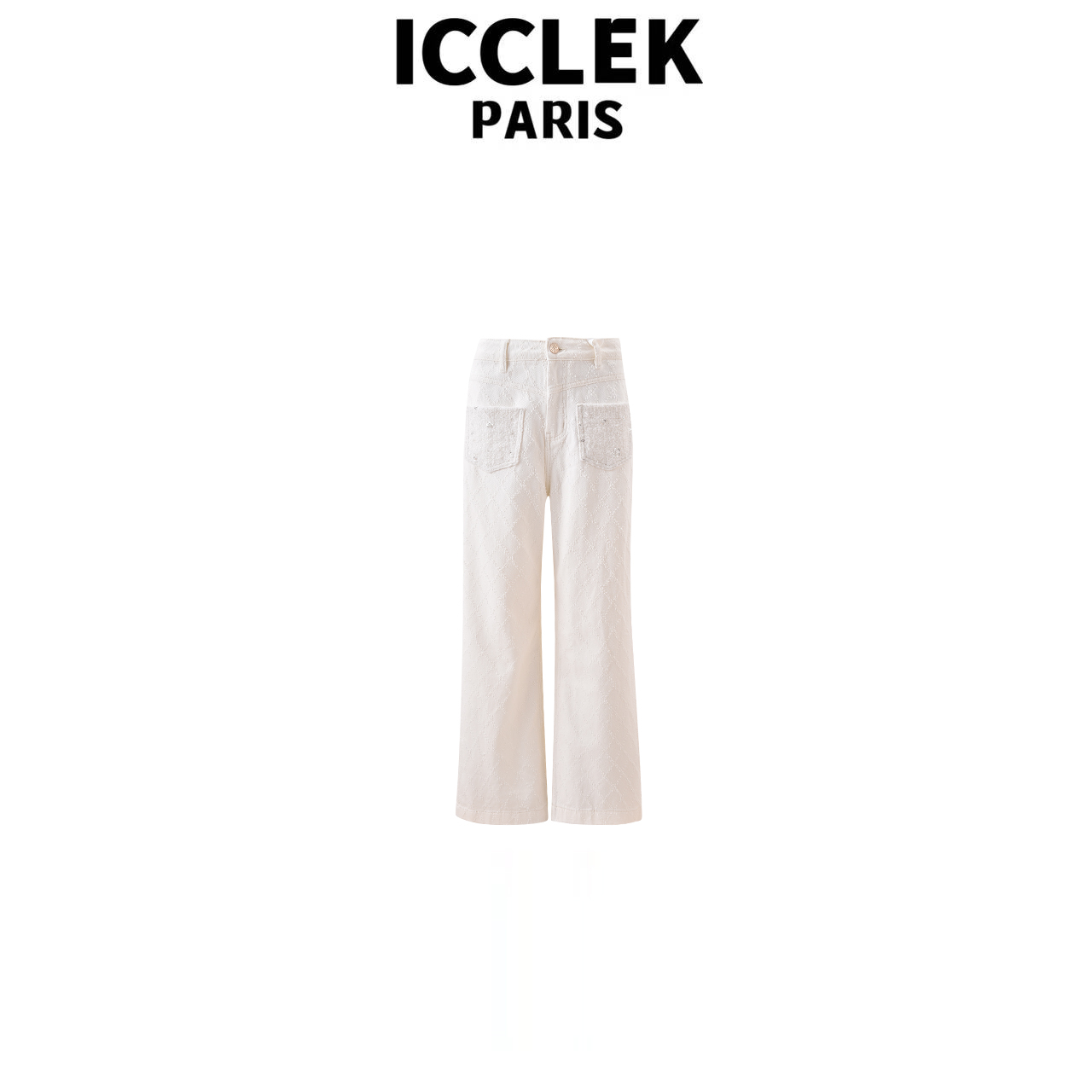 ICCLEK 白色纹路高腰直筒百搭牛仔裤气质百搭小香风名 媛 -  5685
