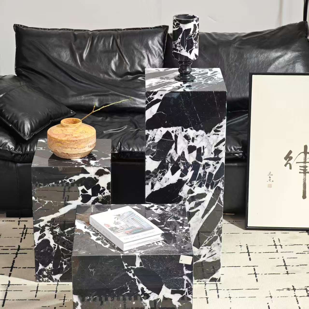 天然大理石边几角几现货 拿破仑黑大理石边几家具 宝格丽黑墩墩