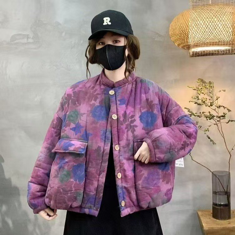 冬季新款加绒加厚复古民族风宽松立领棉服外套