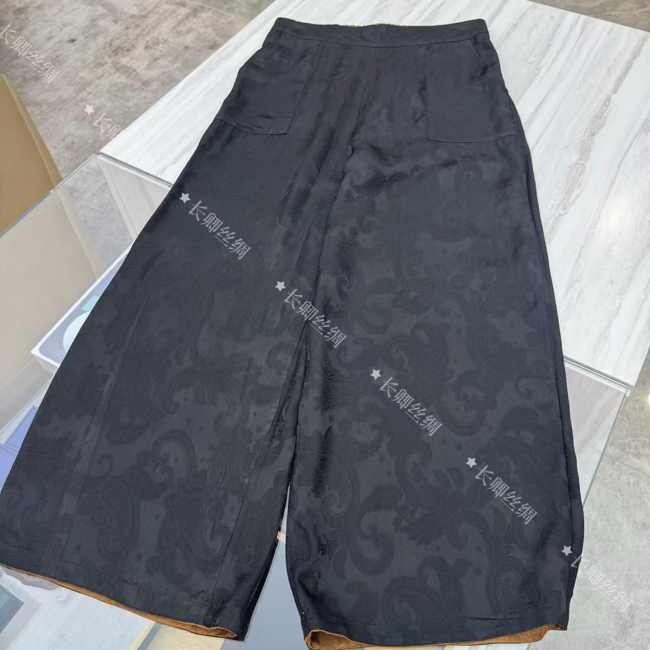 【青青】双面双穿国风真丝腰果花提花缎面松紧腰阔腿裤女W849