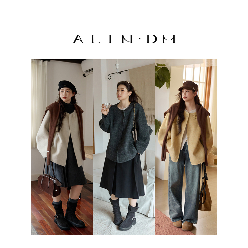 ALINDM【静奢千金】大码微胖mm短款高级感双面羊毛大衣 AS27171