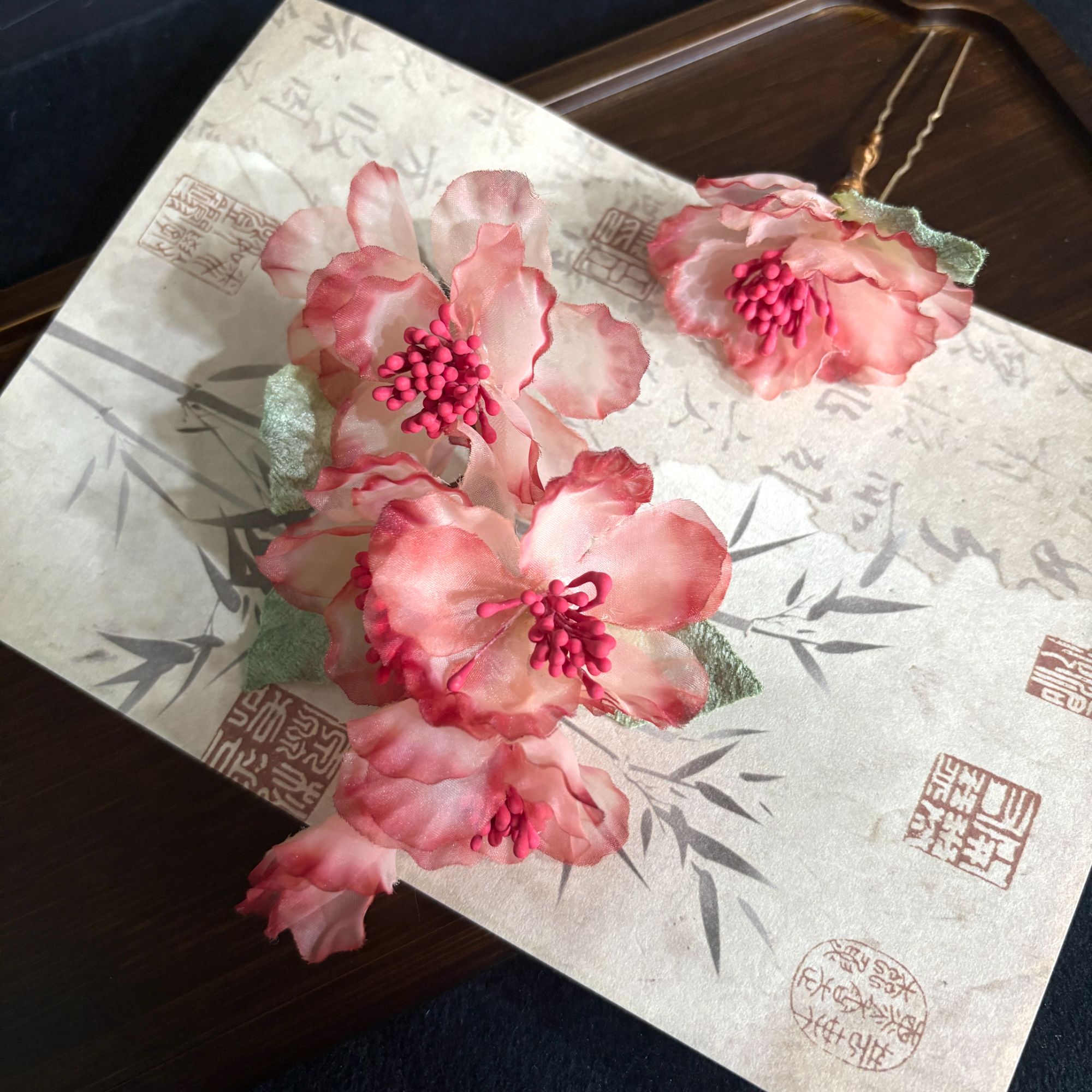 【云鬓花颜阁烫花发饰】樱雾裁霞（孤品）发夹新中式汉服古风发饰B231
