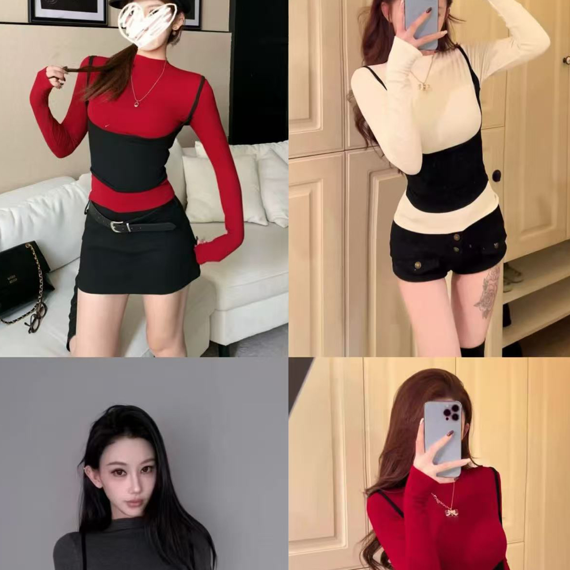 王大温柔家～大码女装美式复古辣妹撞色假两修容显瘦上衣