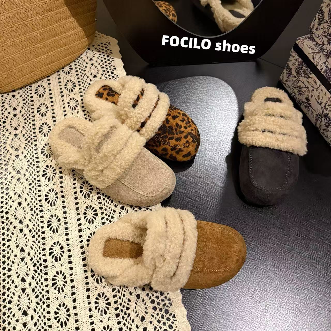 厚底增高舒适包头半拖鞋女2025新款秋冬季复古加绒保暖棉鞋